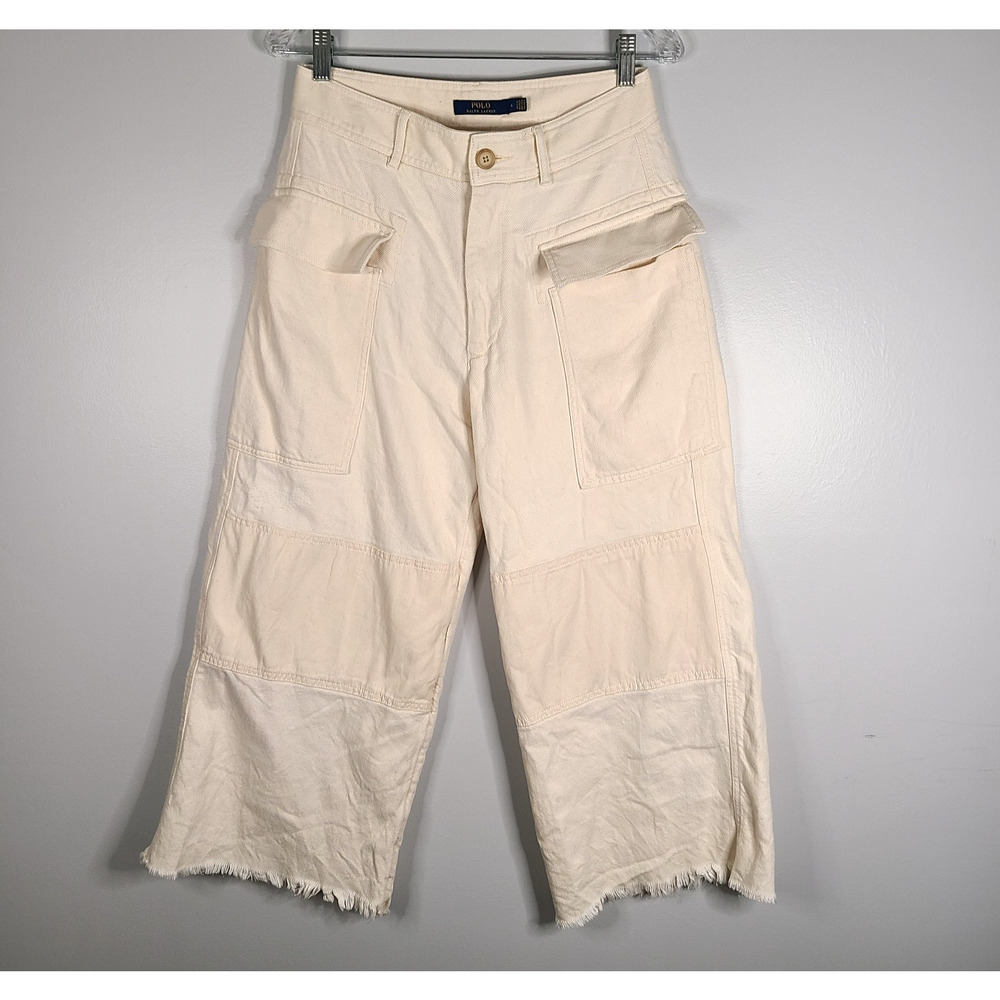 Polo Ralph Lauren Cream Wide Leg Pants 6 Knee Patch Raw Hem Utility Cargo Cotton